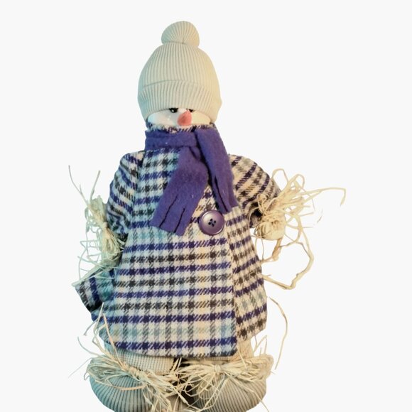 Snowman Doll Purple Plaid Coat Scarf Hat Shelf Sitter Handmade Fabric - Picture 3 of 9